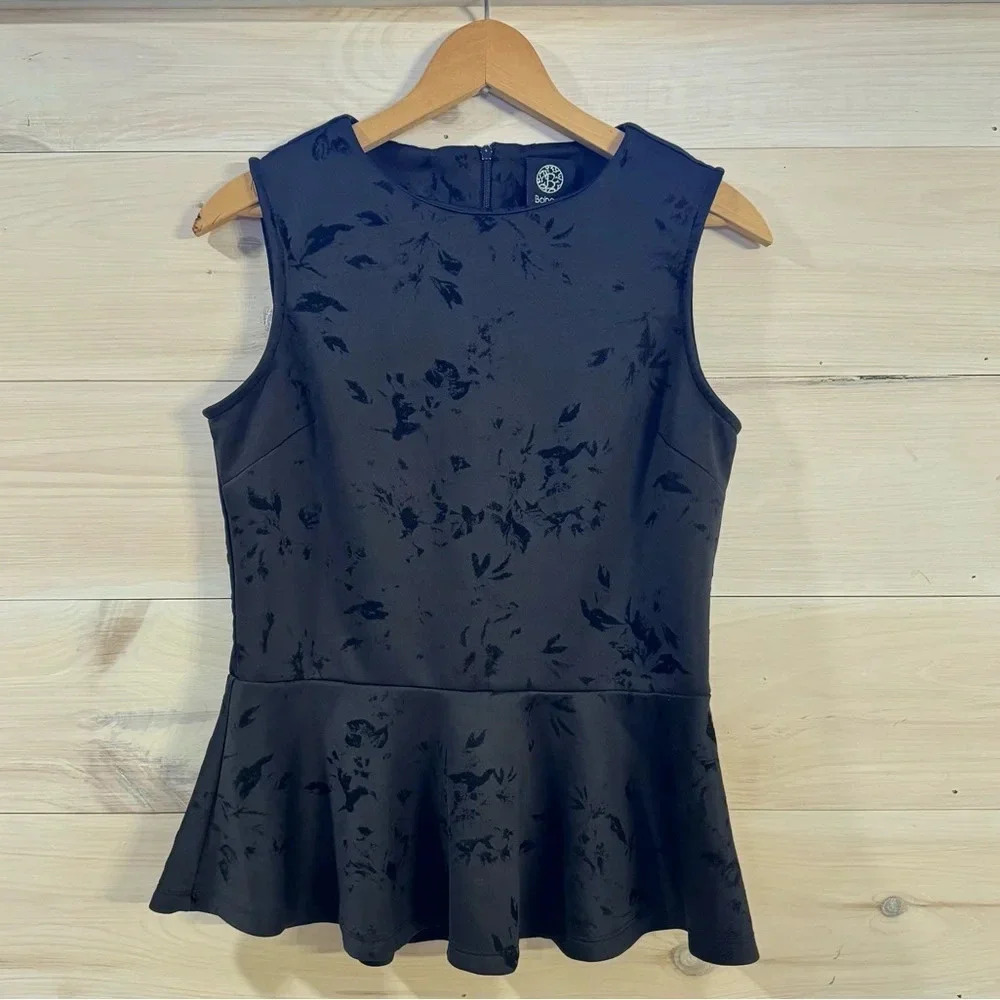 Bobeau Sleeveless Burntout Black Floral Flocked Peplum Top Size Medium